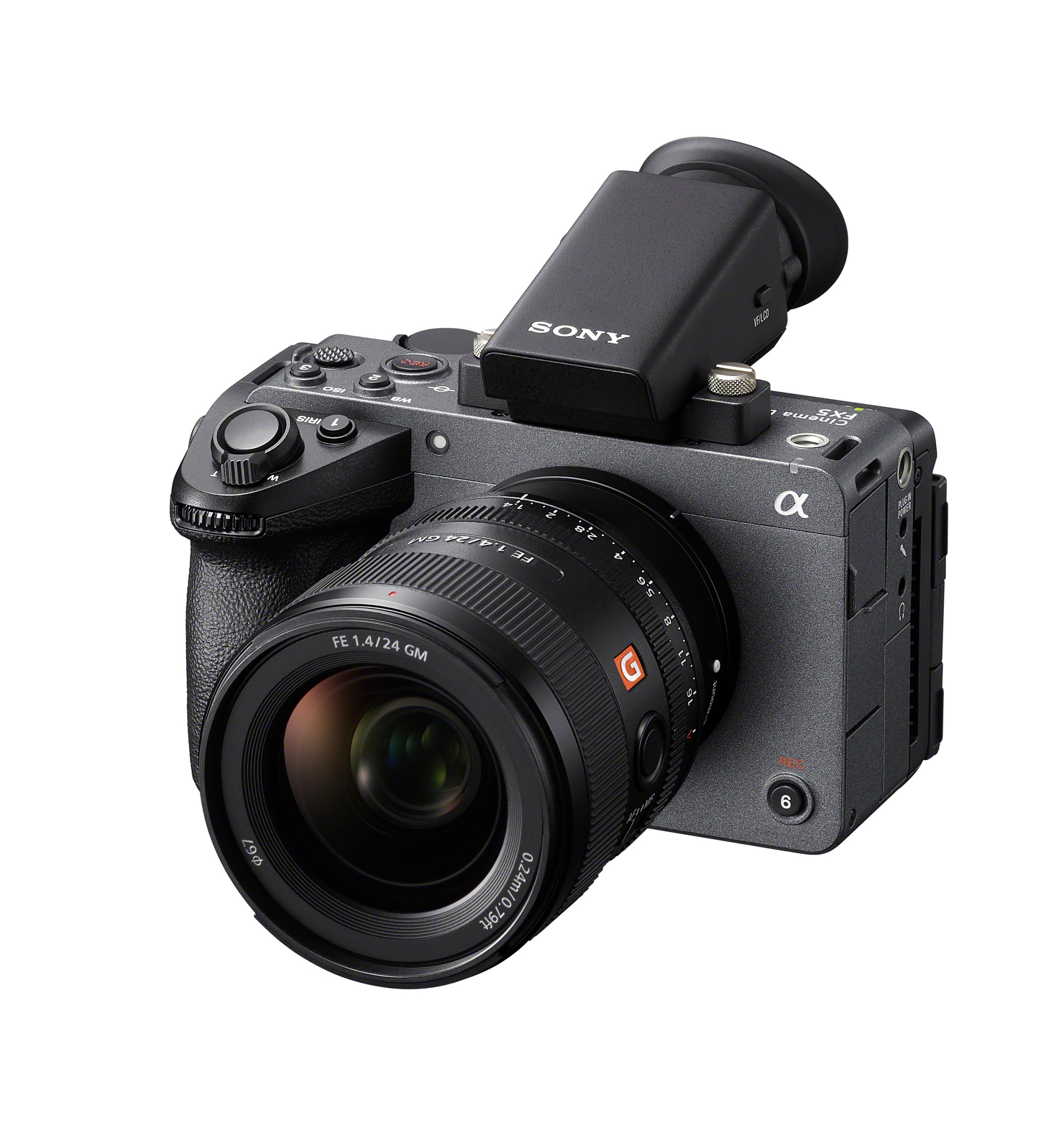 Sony FX5 cinema camera with the optional tilting EVF and FE 24mm f/1.4 GM lens